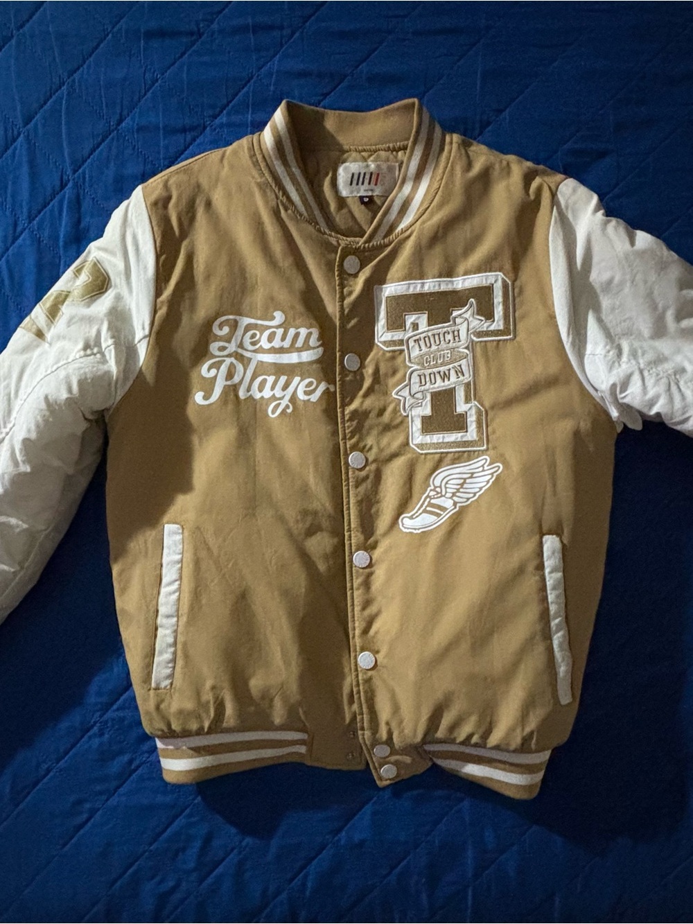 Tan and White Mens 'Team Player' Varsity Jacket